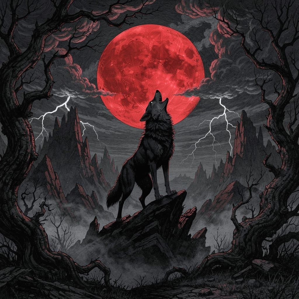 Terrifying Wolf Howls at Blood Moon in Gothic Horror Style
