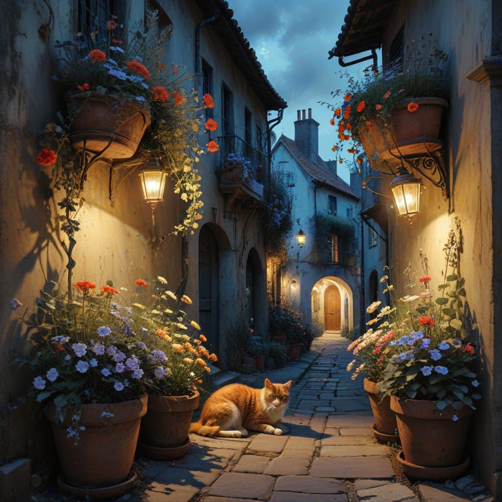 Whimsical Mediterranean Alley Scene with a Slumbering Feline
