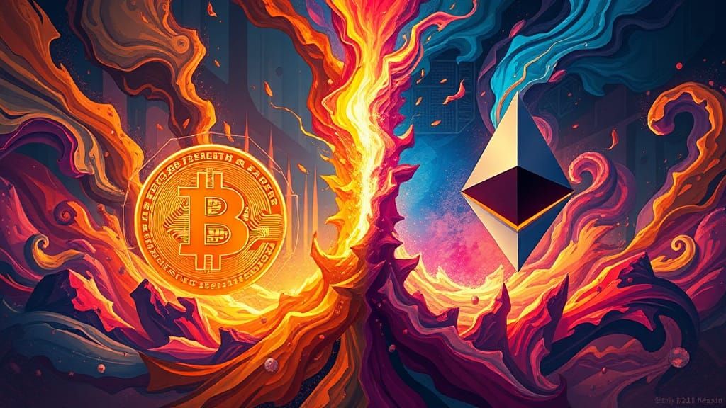 Bitcoin vs Ethereum: A Dramatic Crypto Art Piece