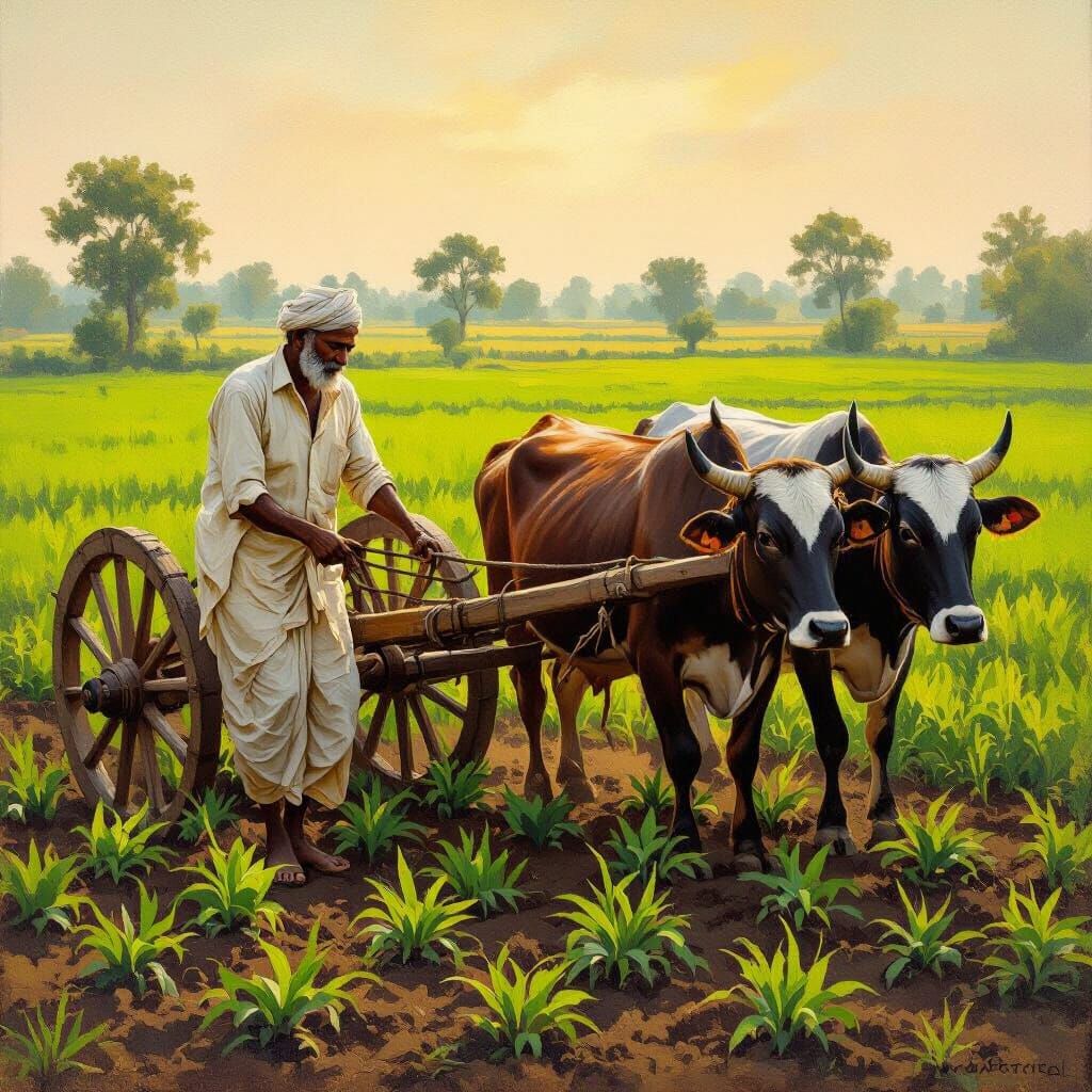 Indian Farmer Ploughing Field with Oxen in Golden Light