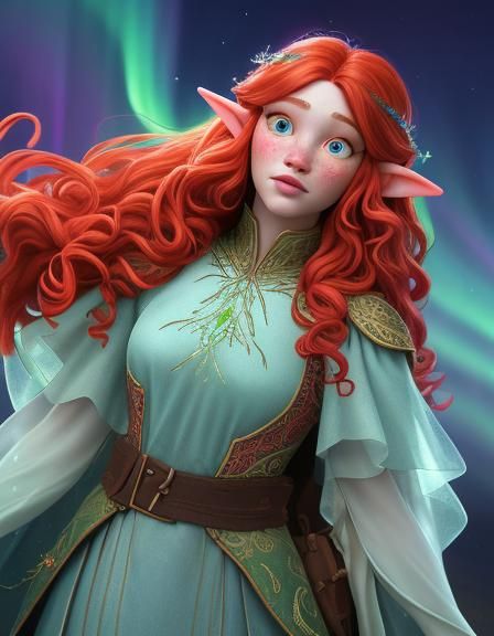 Beautiful Plus-Size Elf with Red Hair in Fantasy Realm