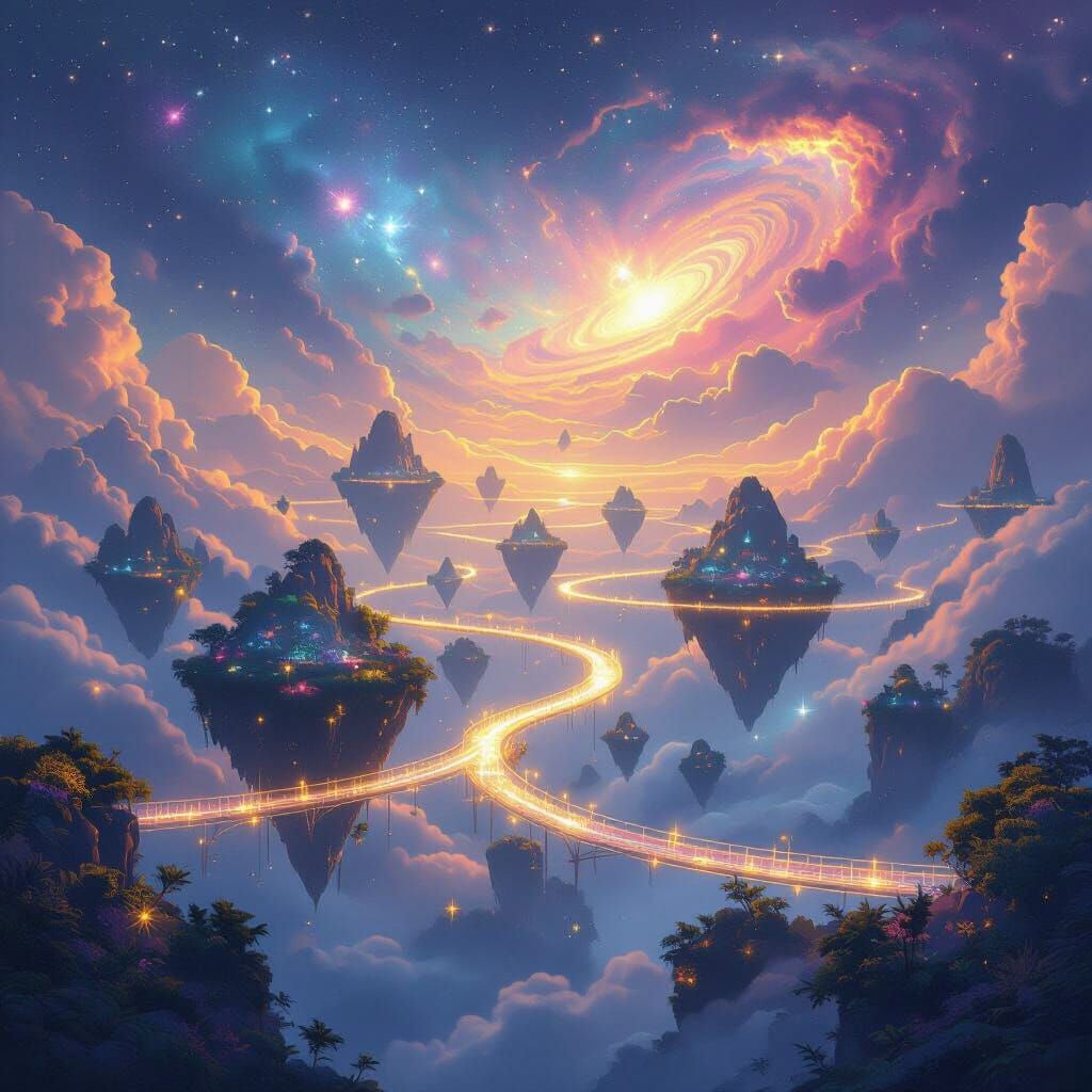 Ethereal Floating Islands with Light Bridges and Cosmic Nebu...