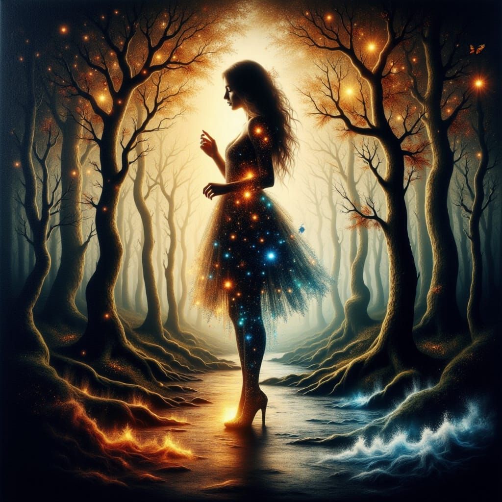 Surrealist Woman in Elemental Forest