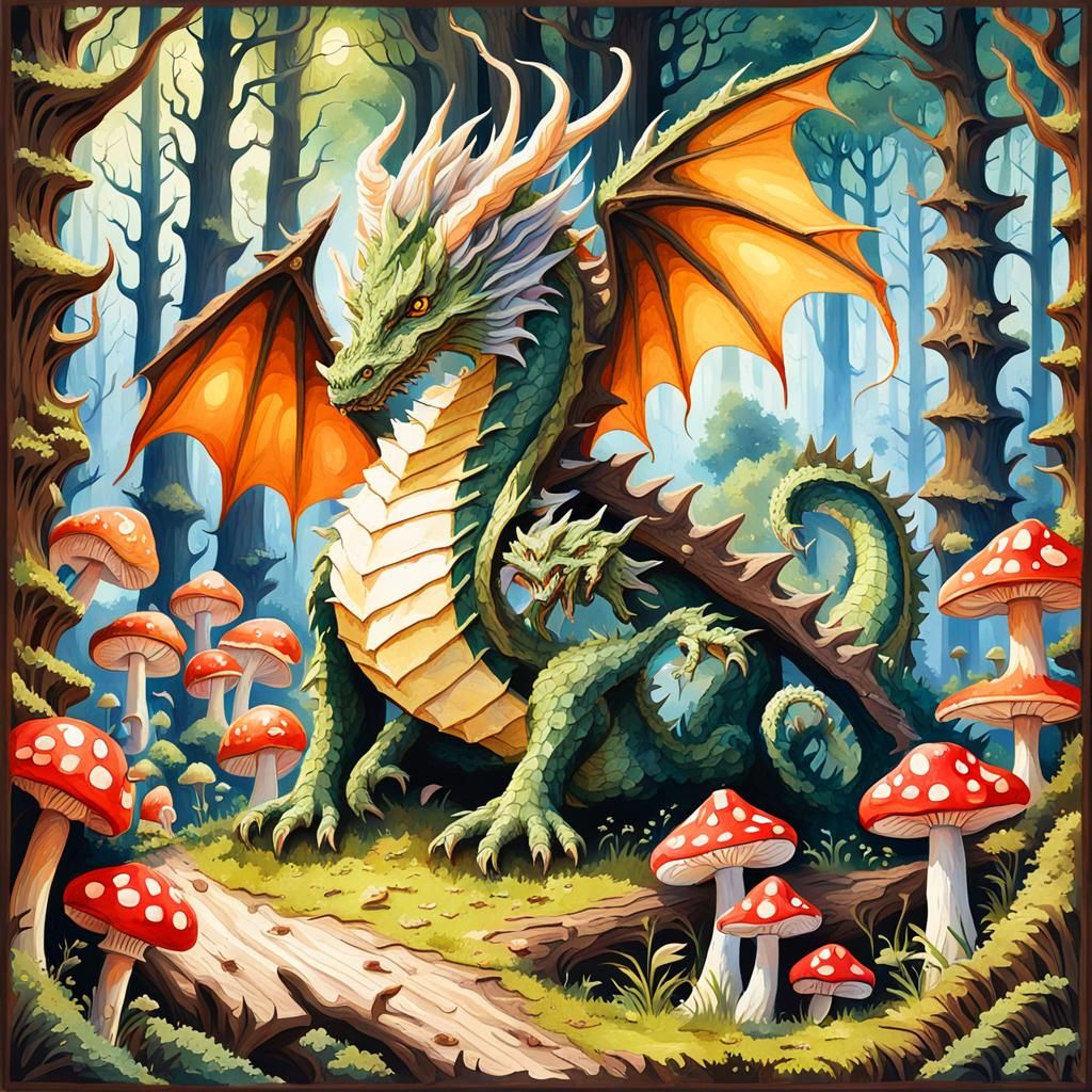 Gothic Dragon in Forest: Gouache and Watercolor