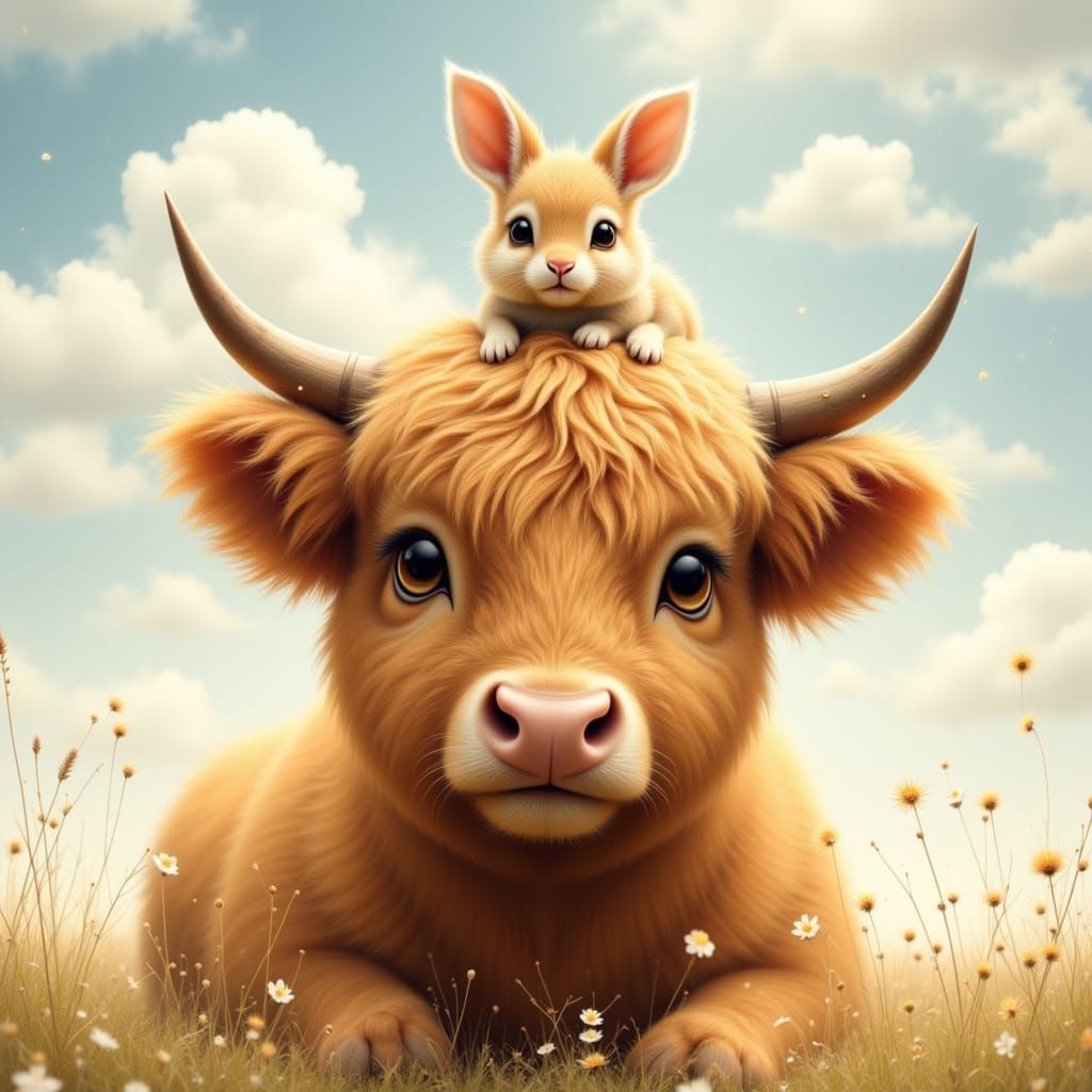 Adorable Highland Calf & Bunny Friend in Hyper-Realistic Ani...