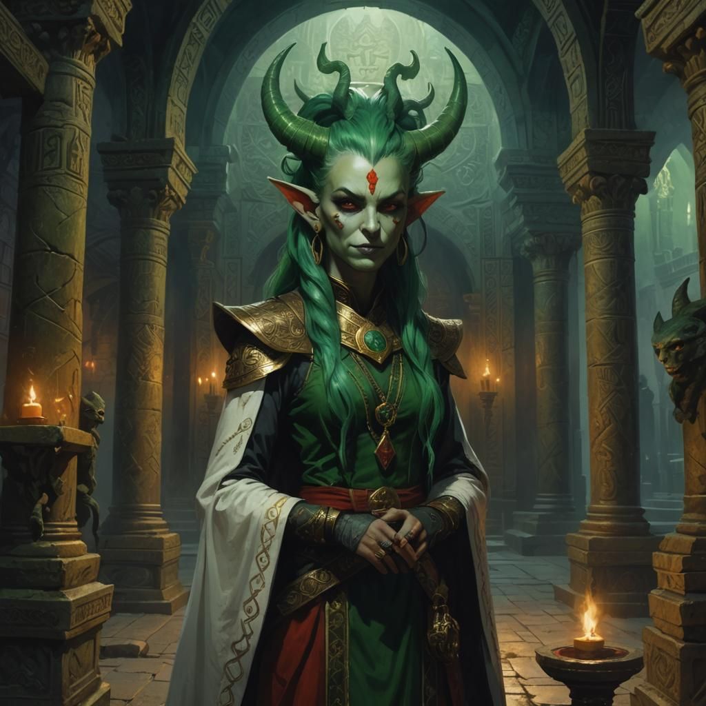 Tiefling Priestess in Temple of Veles