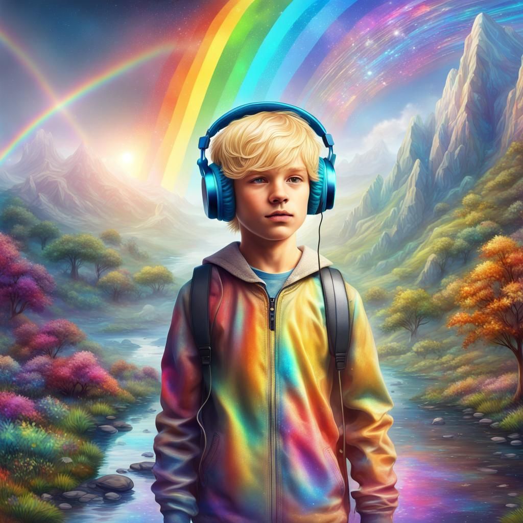 Boy with Headphones in Cosmic Rainbow Landscape