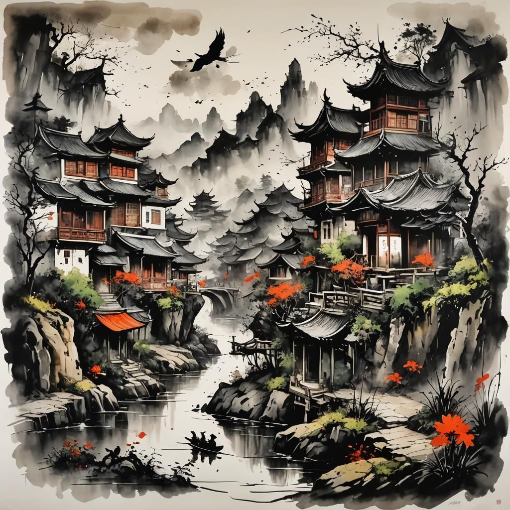 Modern European Ink Painting of Abstract Forms