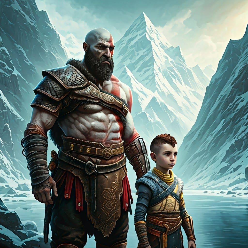 Kratos and Atreus in Norse Landscape, Comic Art