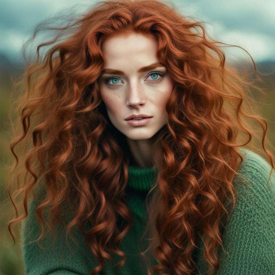 Ethereal Beauty with Red Hair and Green Sweater
