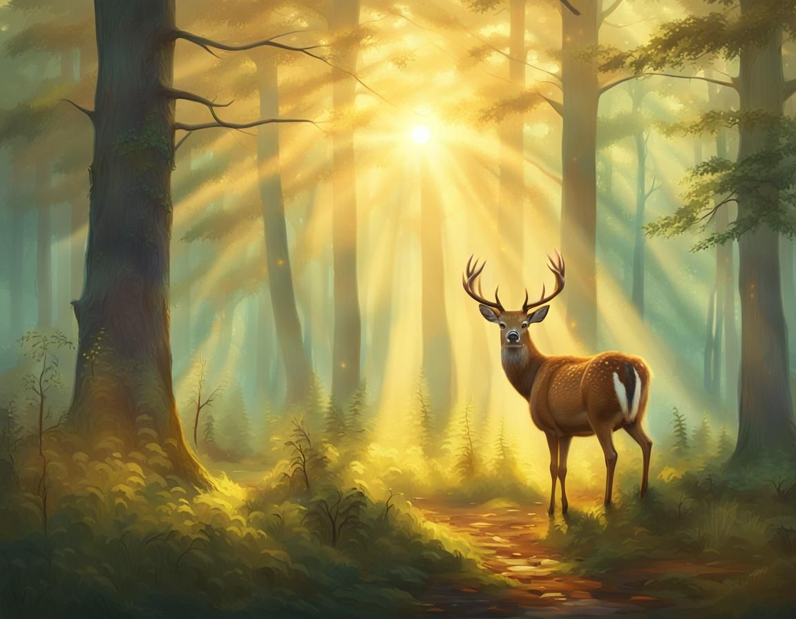 Deer and Birds in Sunlit Misty Forest