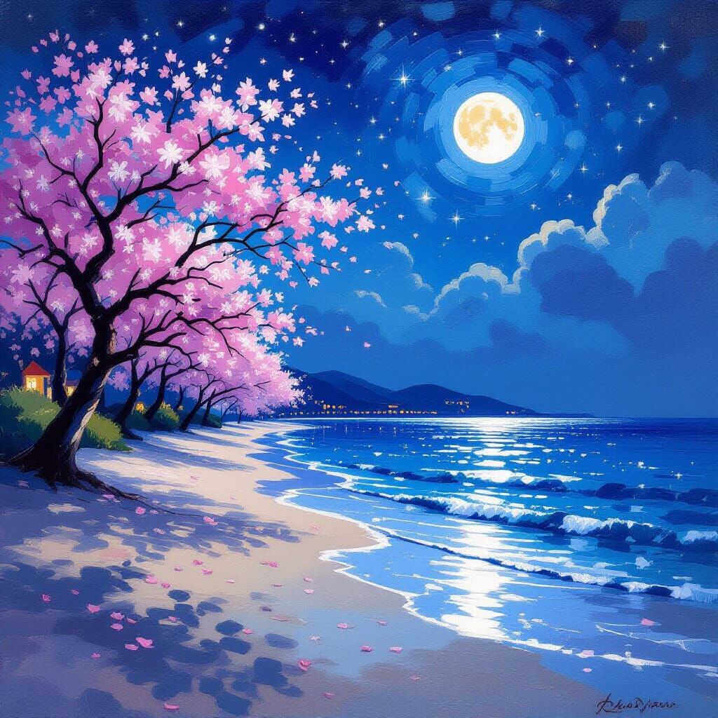Moonlit Beach with Cherry Blossoms