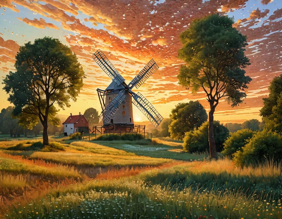 Pointillist Windmill in Meadow at Sunset