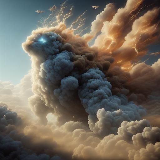 A cloud creature puffed out cheeks and blowing the wind acro...