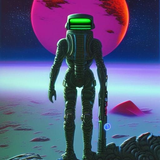 Sci-Fi Soldier on Desolate Planet in Oil Painting Style