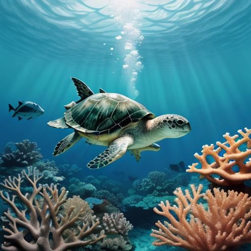 Baby Sea Turtle in Impressionist Underwater Scene