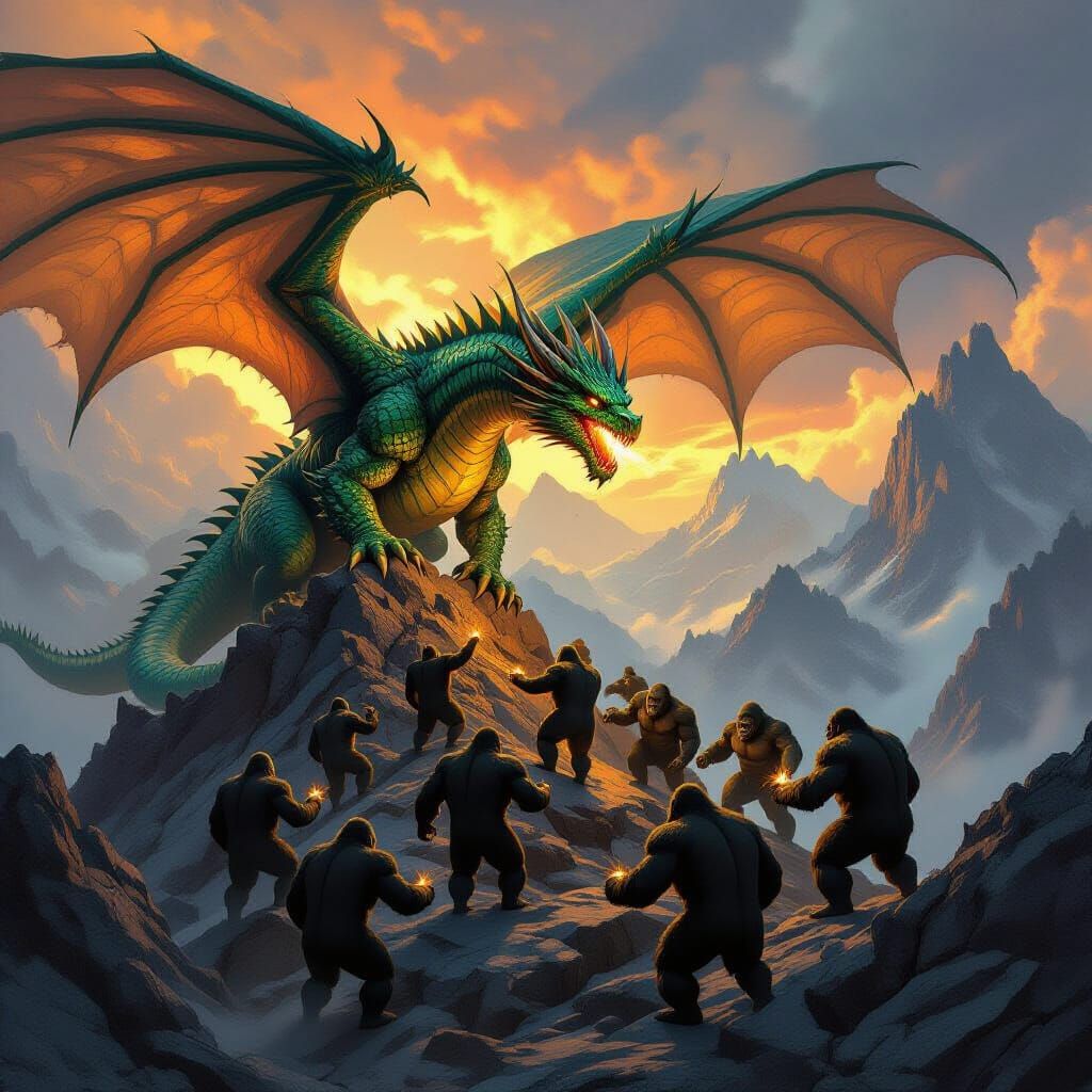Dragon vs Gorillas Epic Battle on Mountain Peak