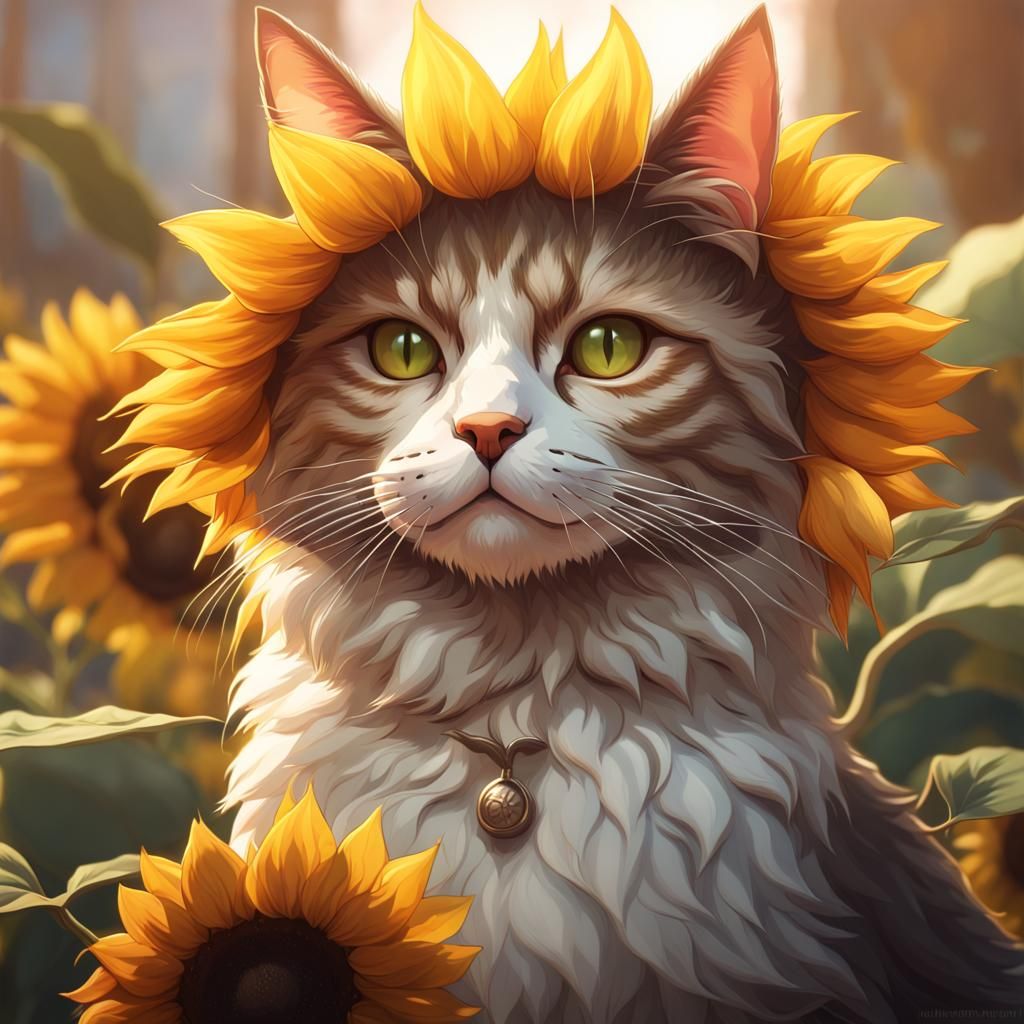 Hyperdetailed Sunflower Cat Portrait in Dynamic Lighting