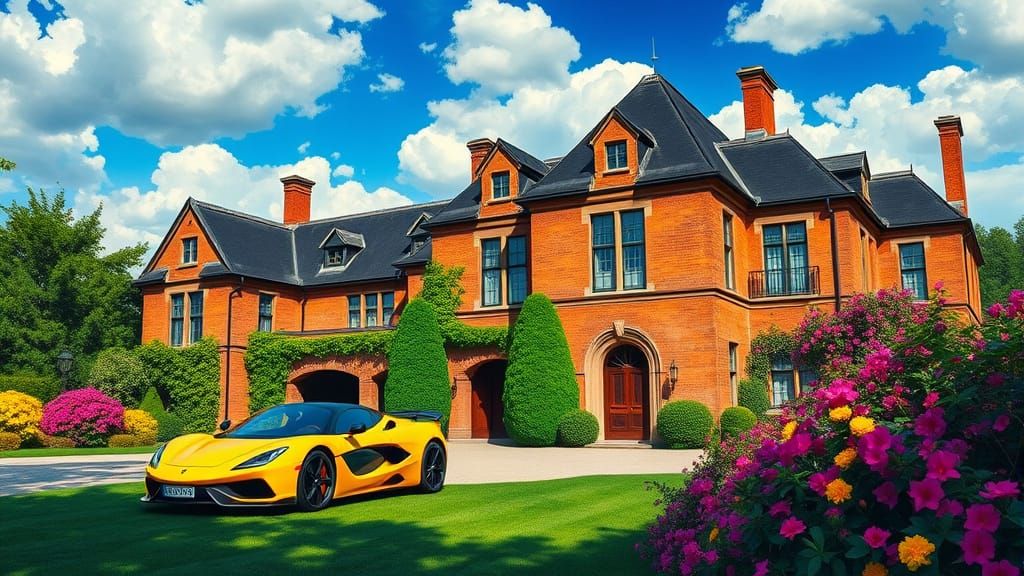 Grand Chateau with Yellow Supercar in Vibrant Garden