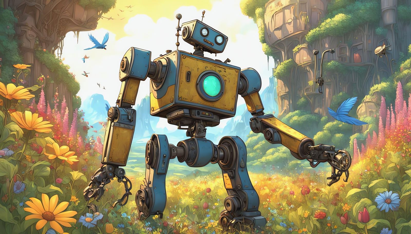 Weathered Wooden Robot Amidst Vibrant Wildflowers