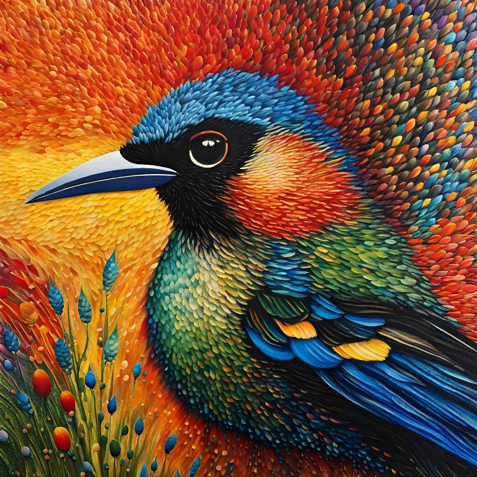 Pointillist Bird Painting with Kinetic Veins