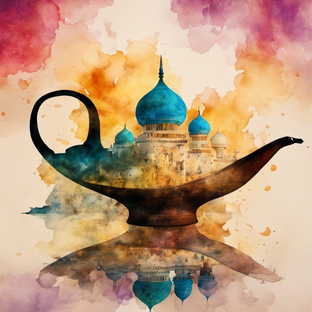 Aladdin's Lamp and Genie Dual Exposure Watercolor