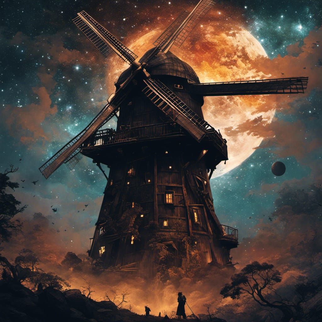 Windmill Under Galaxy Sky: Fantasycore Digital Art