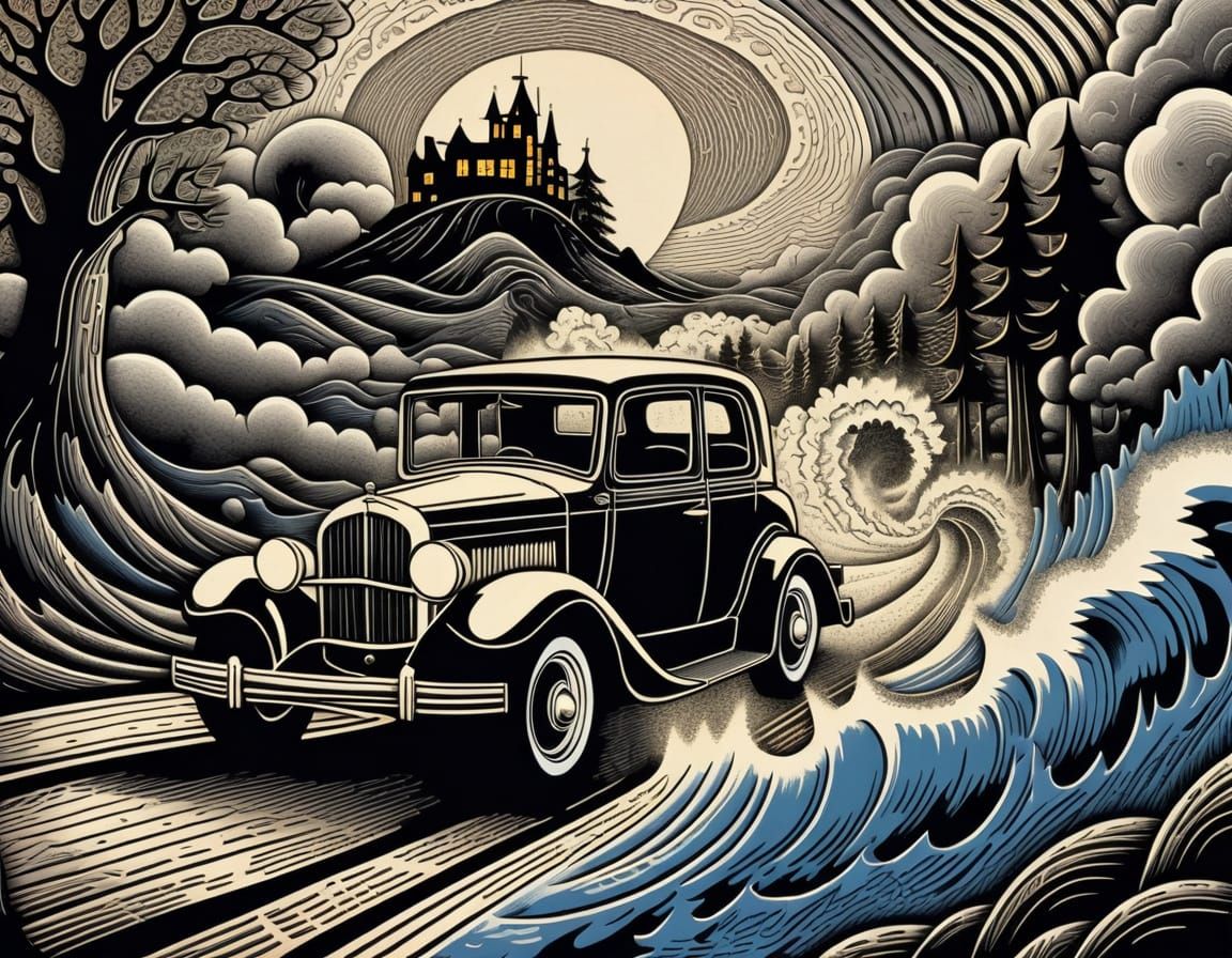 Disturbing Woodcut: Man Exiting Car in Decaying World