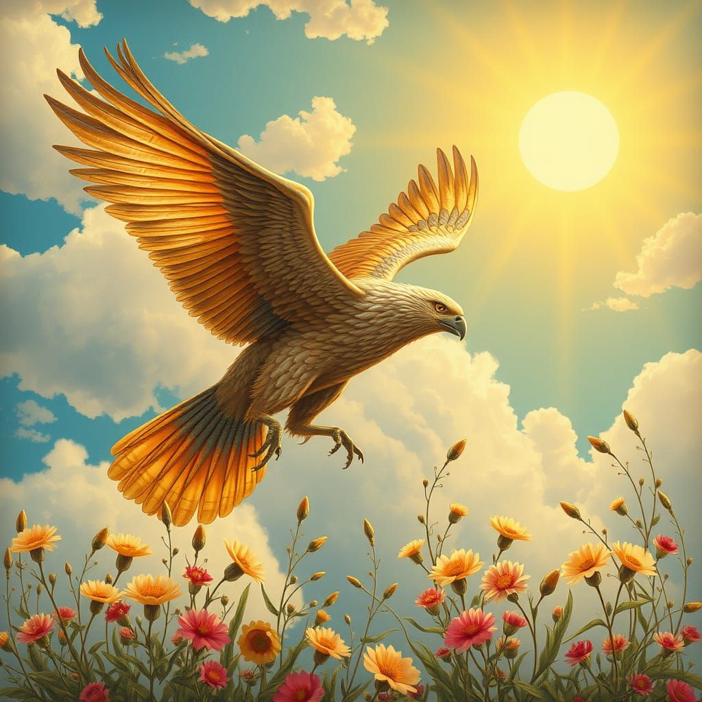 Griffin Soaring Above Wildflowers as Persian Miniature