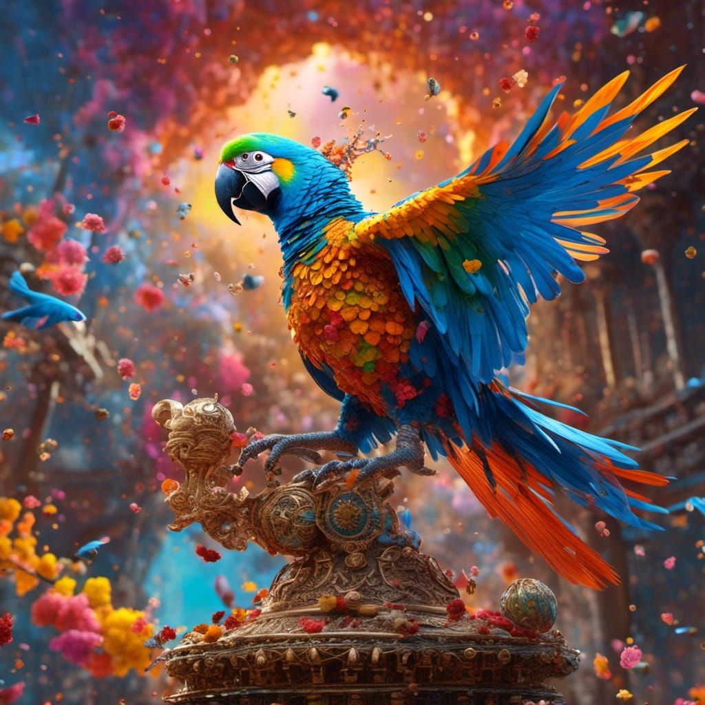 Shuka: Parrot of Kalki in Hyperrealistic Splash Art