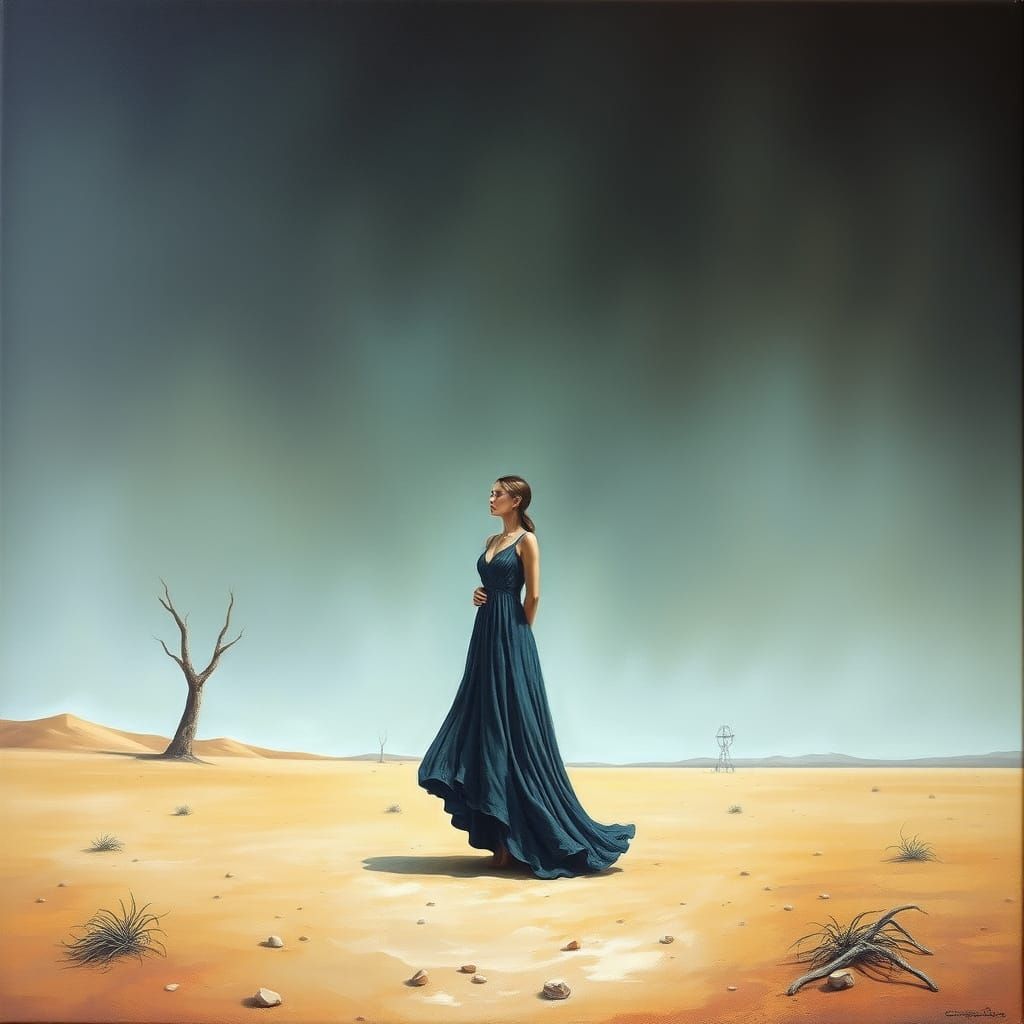 Surreal Woman in Deserted Landscape, Dali-Inspired Oil Paint...