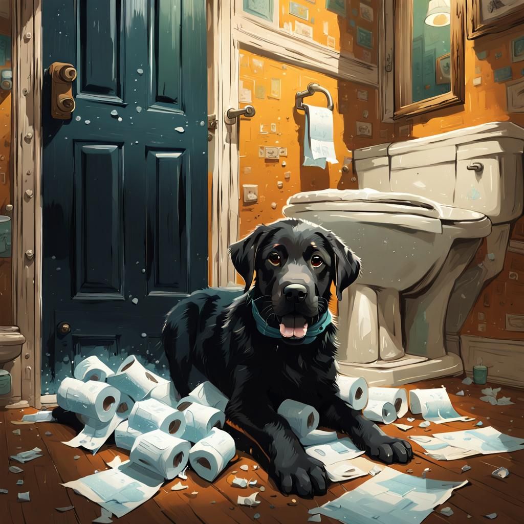 Black Lab Puppy Mischief in Splash Art Style