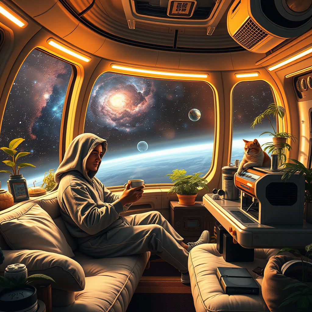 Pilot in Space Home with Galactic View