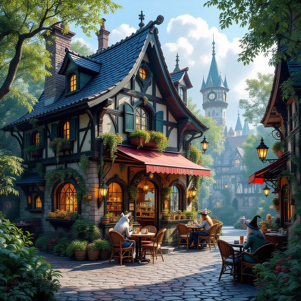 Magical Creatures Run Enchanting Cafe in Fantasy Art Style