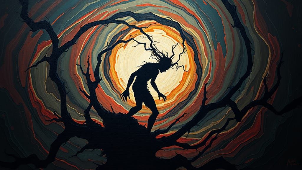Fractured Silhouette in Swirling Vortex of Anxiety