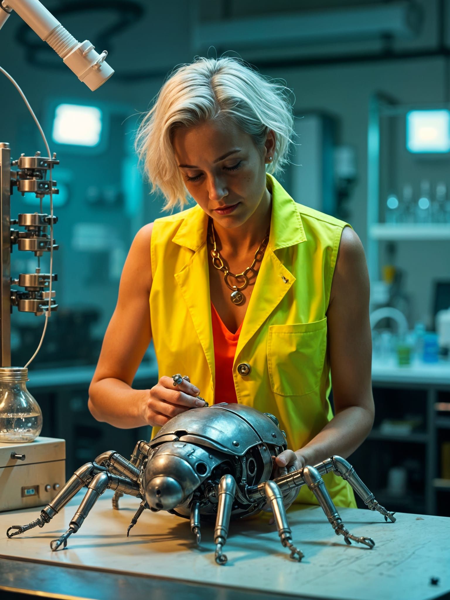 Biopunk Lady Repairs Robot in Futuristic Lab
