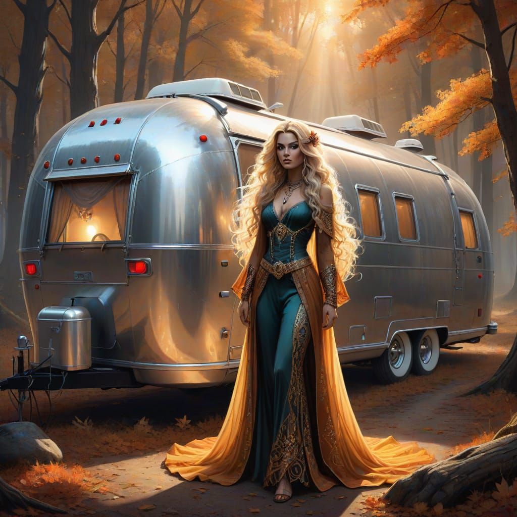 Gypsy Sorceress With Airstream in Autumn Woods