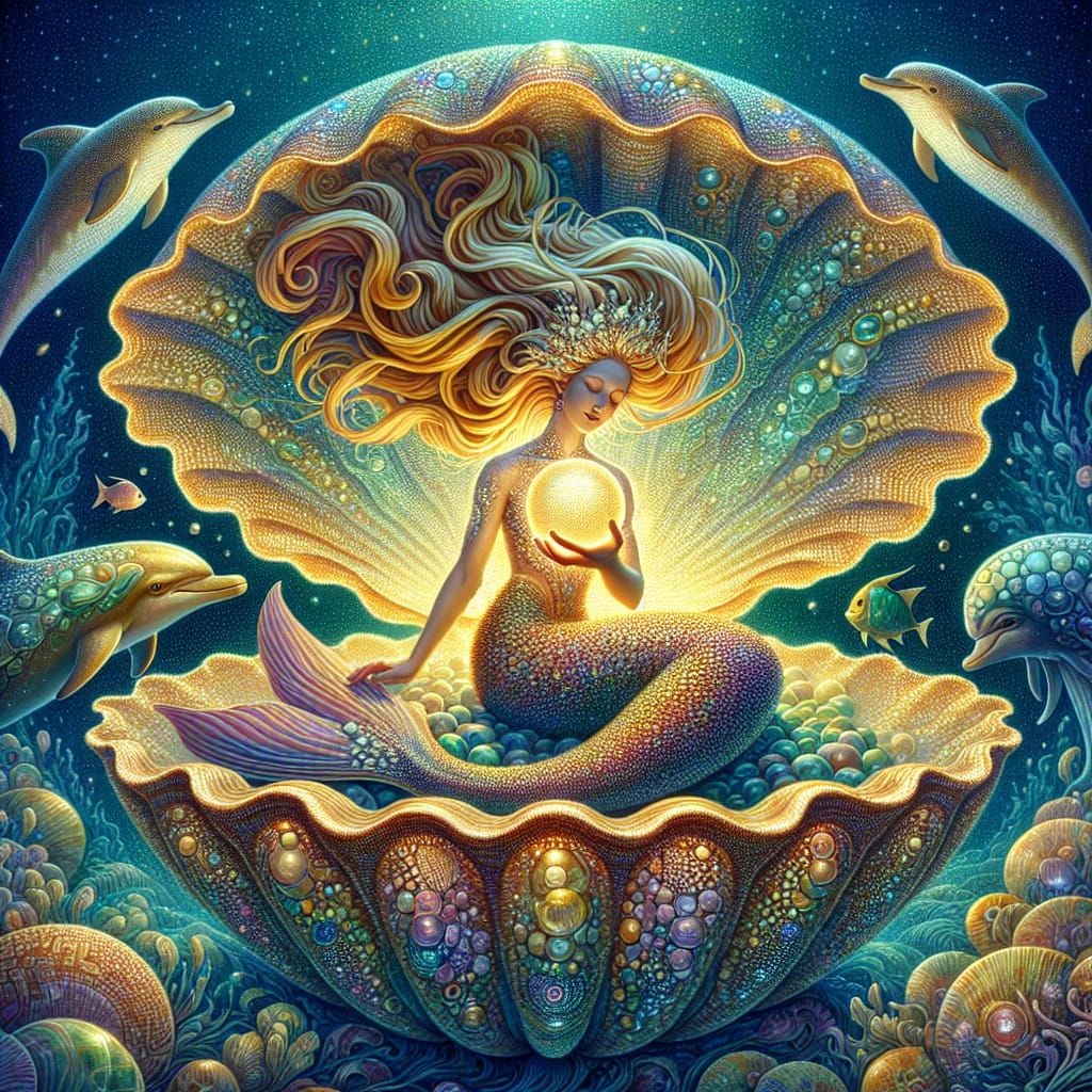 Mermaid in Radiant Clam Shell, Surrounded by Dolphins and Fi...