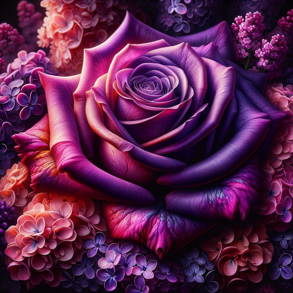 Hyperrealistic Purple Rose Blooms Amidst Vibrant Lilacs in W...