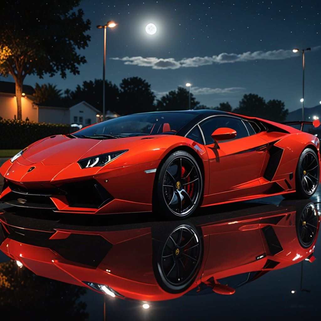 Realistic Fire Red Lamborghini in Moonlight