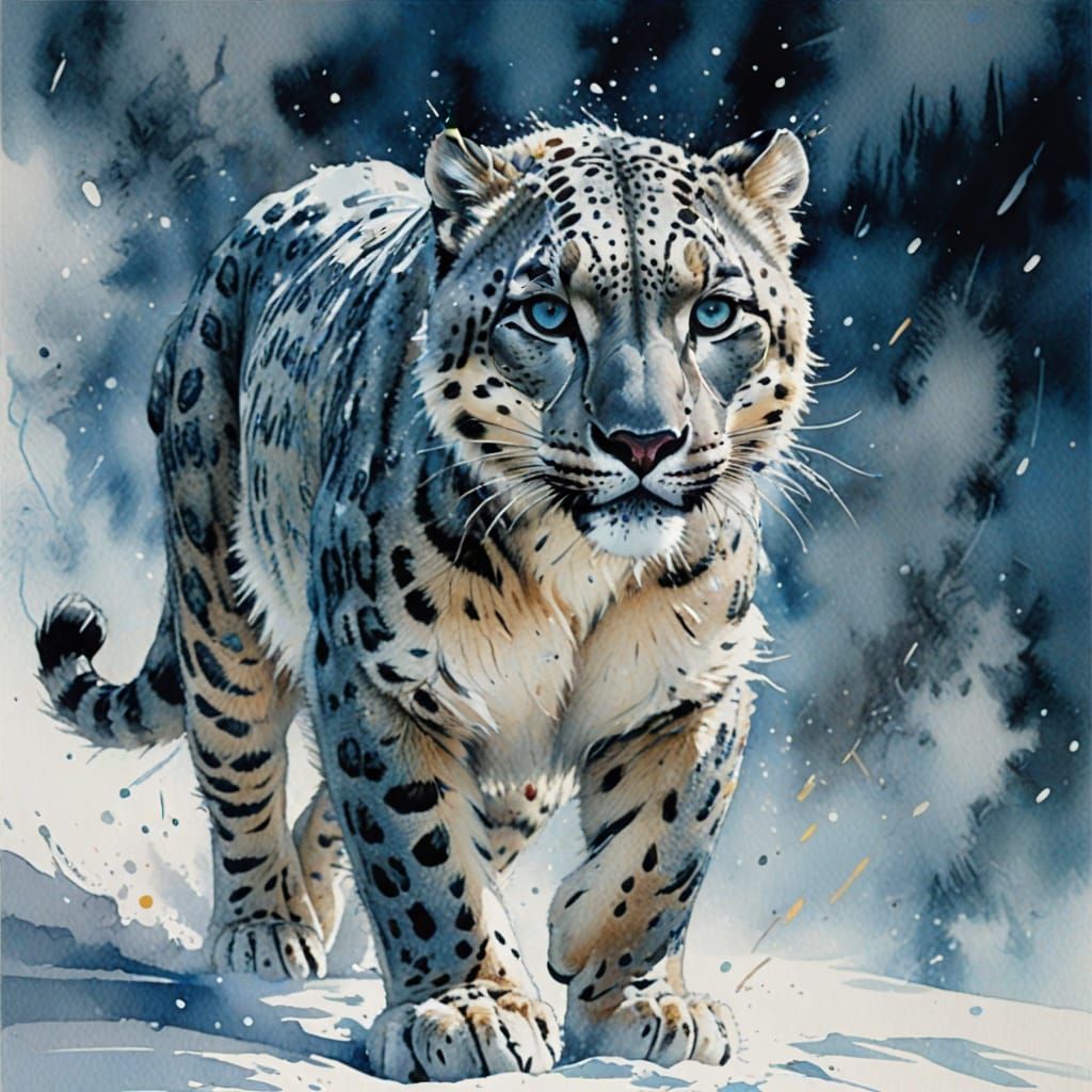 Snow leopard walking through the snow