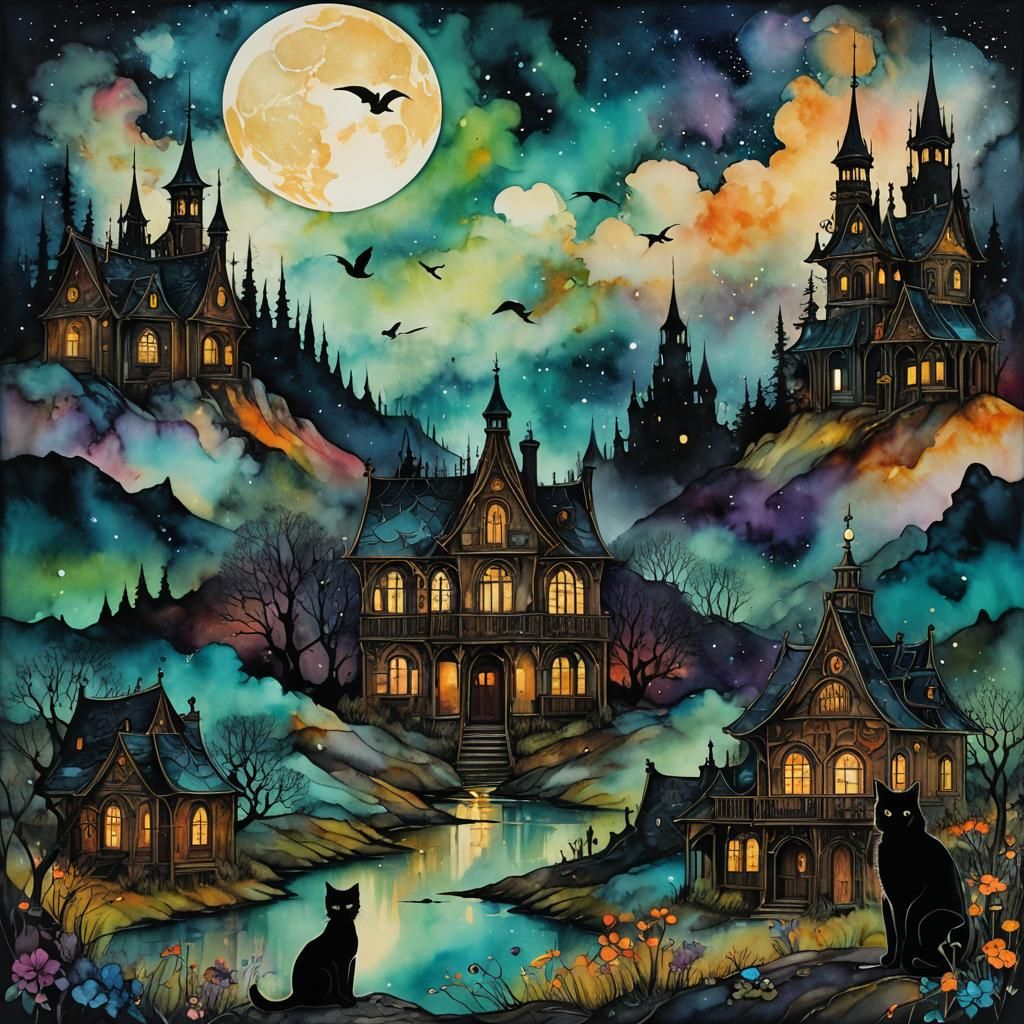 Black Cat in Whimsical Mansion, Alcohol Ink Style