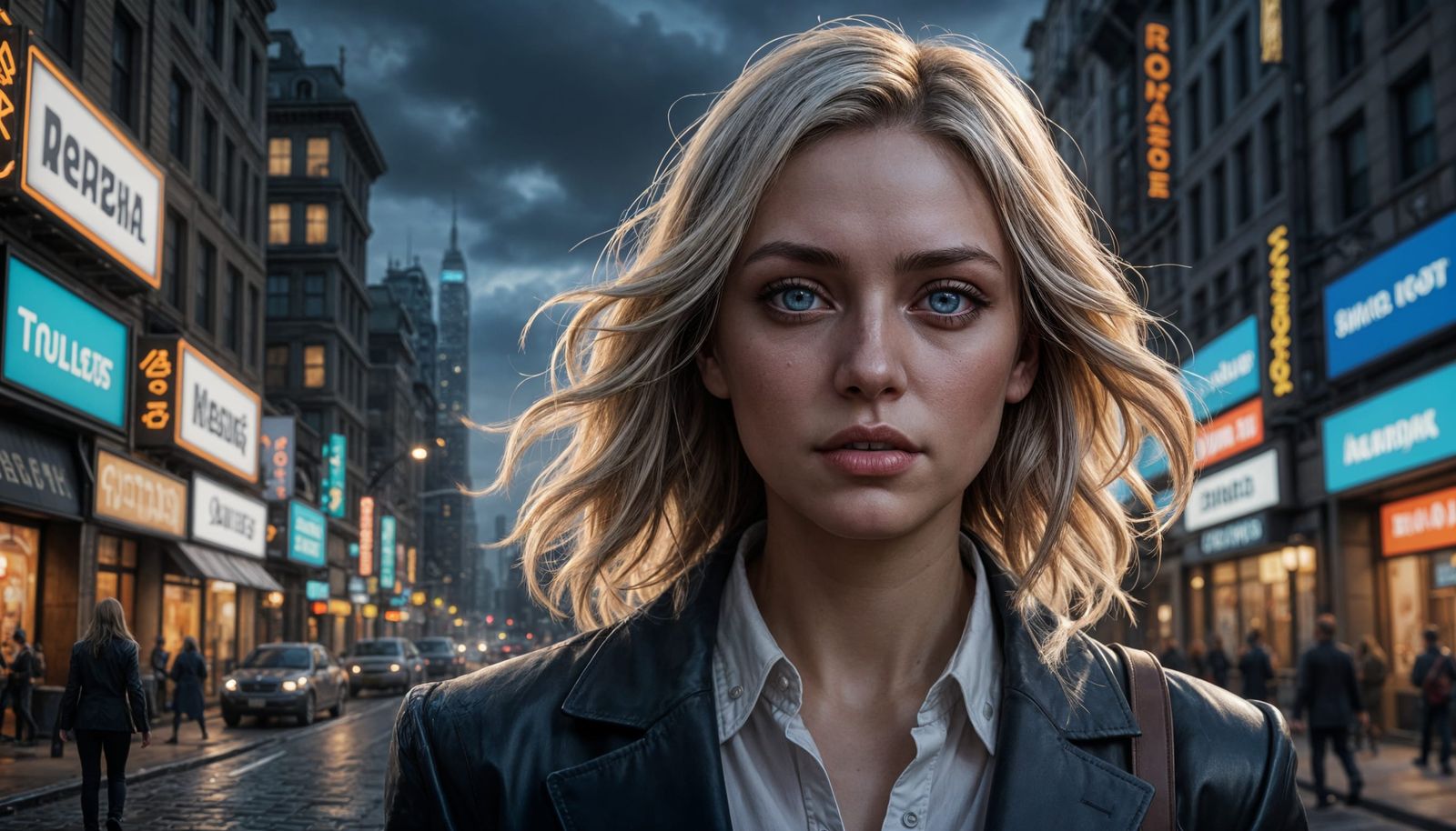 Beautiful Woman in Cityscape Portrait with Volumetric Lighti...