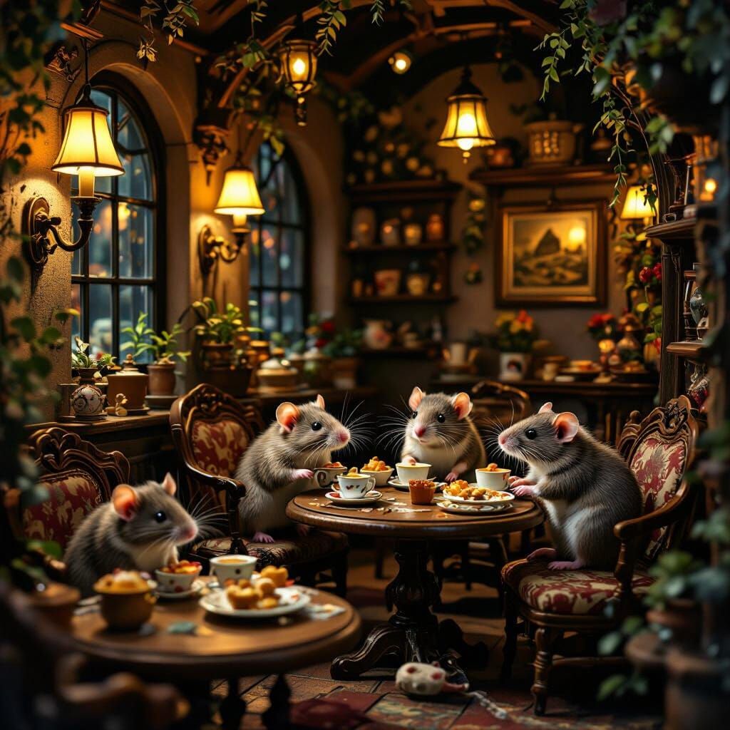 Cozy Rat Cafe Interior with Miniature Furniture