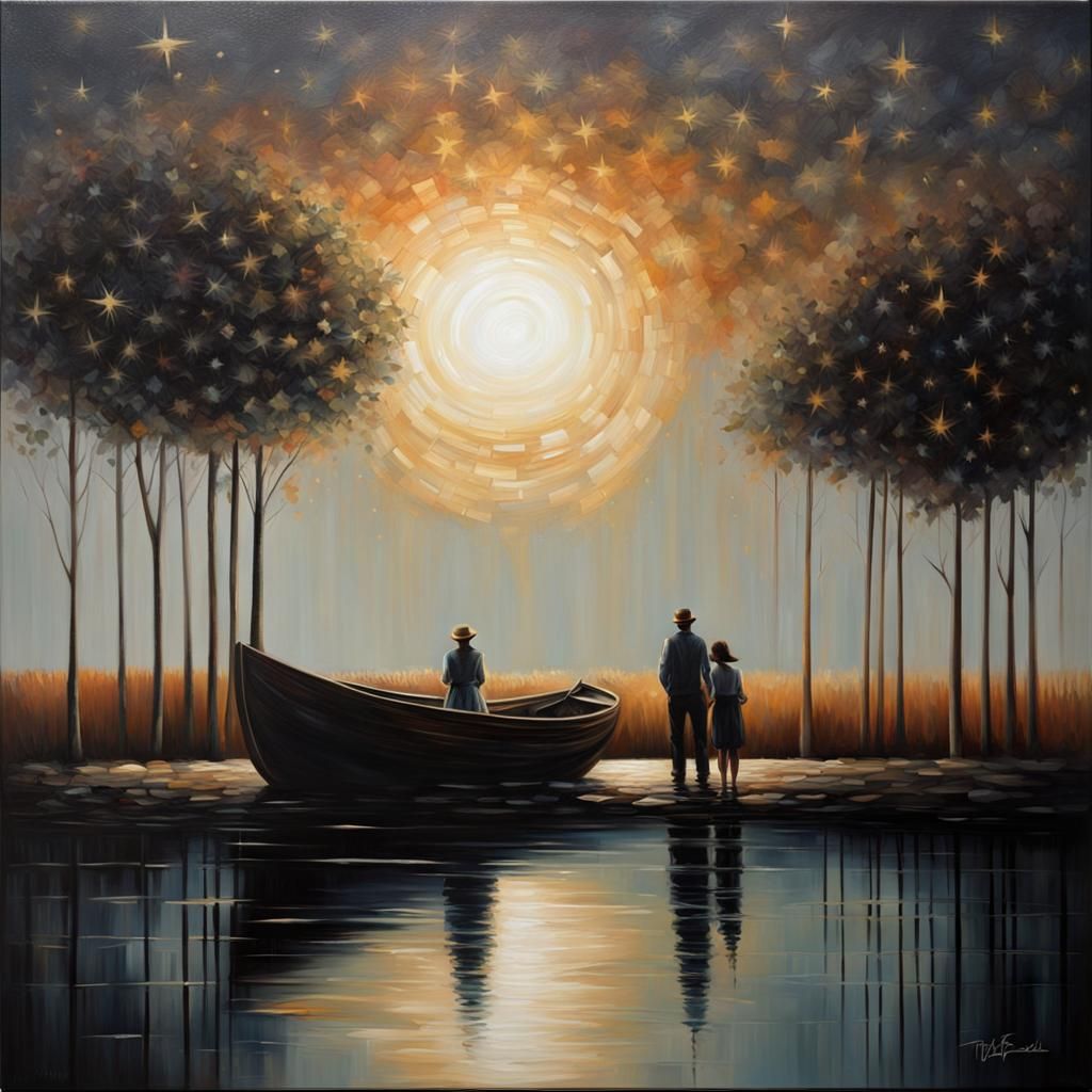 Enchanting Nightfall: A Detailed Oil Painting