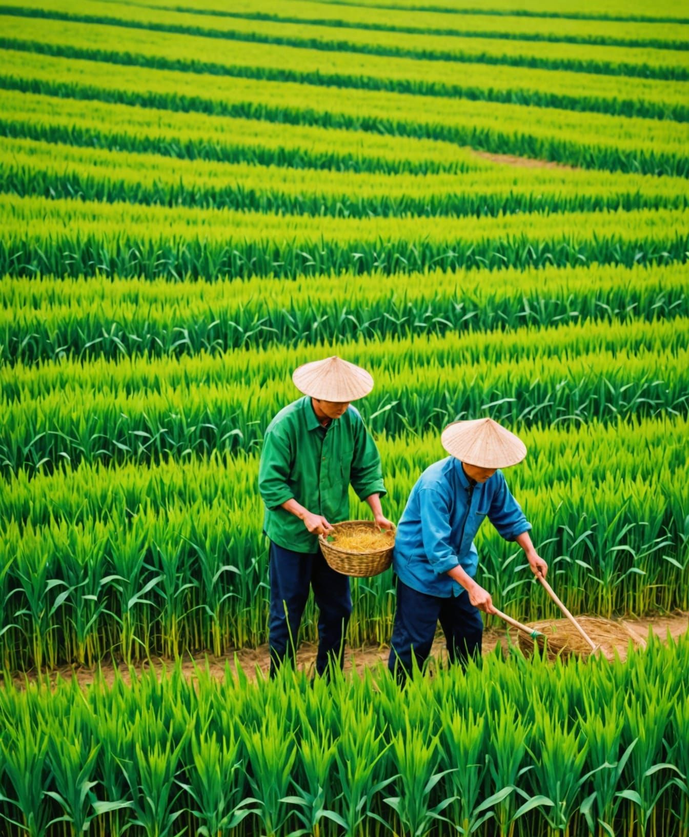 Chinese Farmers in a Vibrant Wheat Field, in Enesis Style