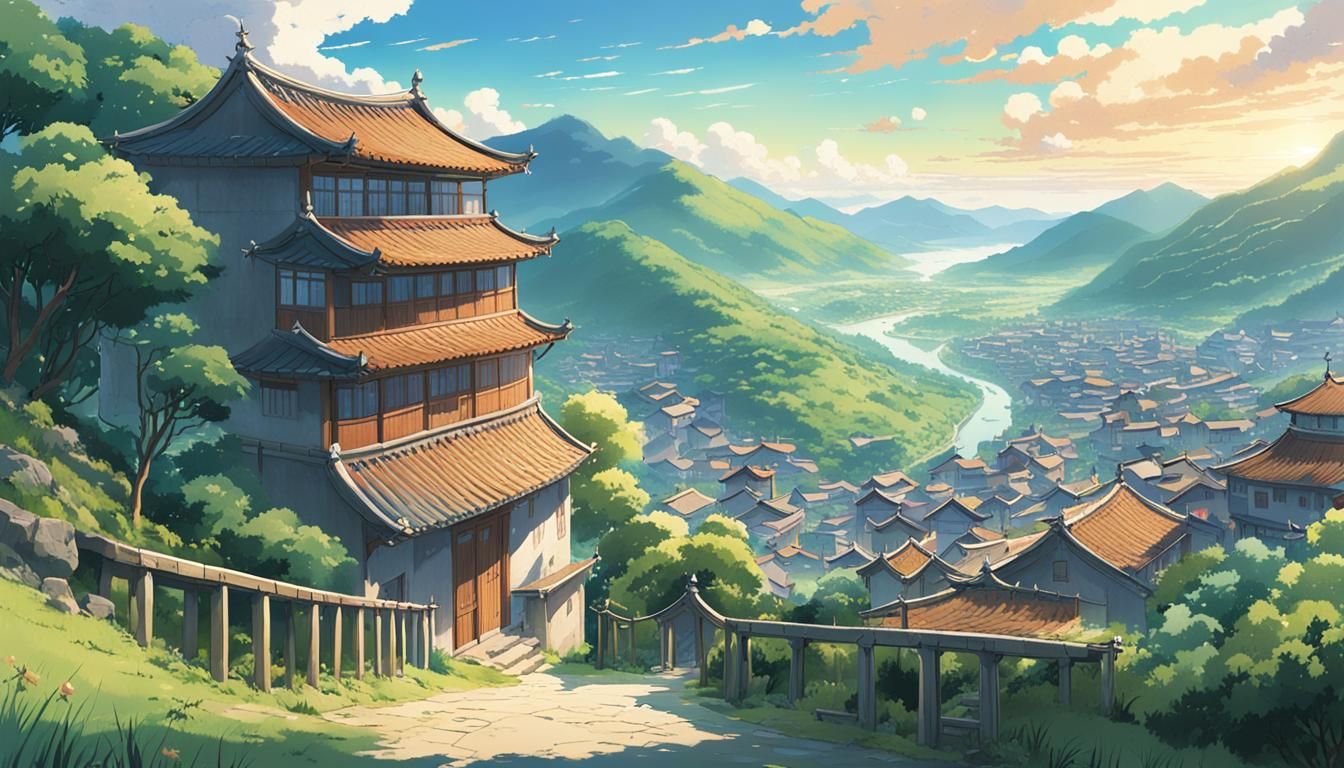 Peaceful Chinese Village from Mountain View: Ghibli Anime