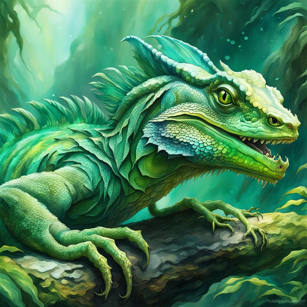 Green Basilisk in Fantasycore, Watercolour Style