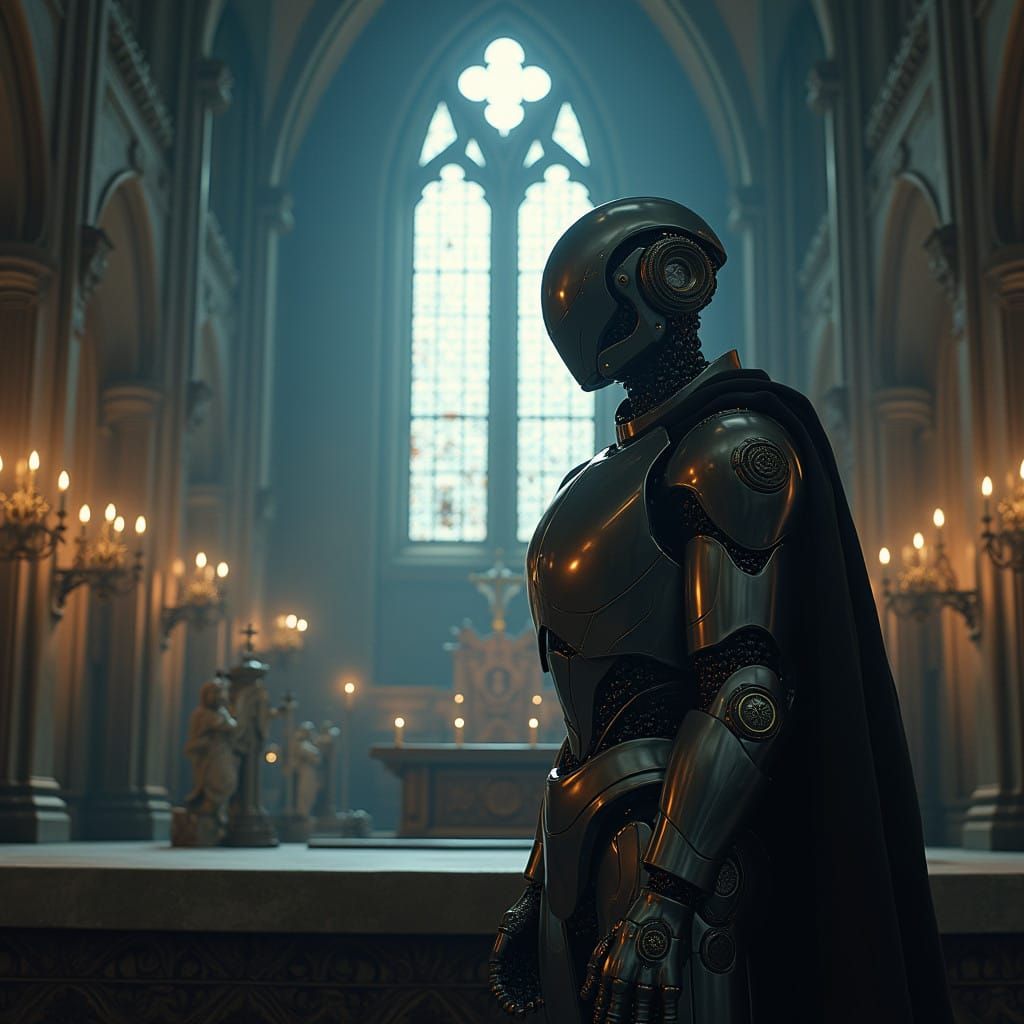 Metallic Knight in Moonlit Cathedral