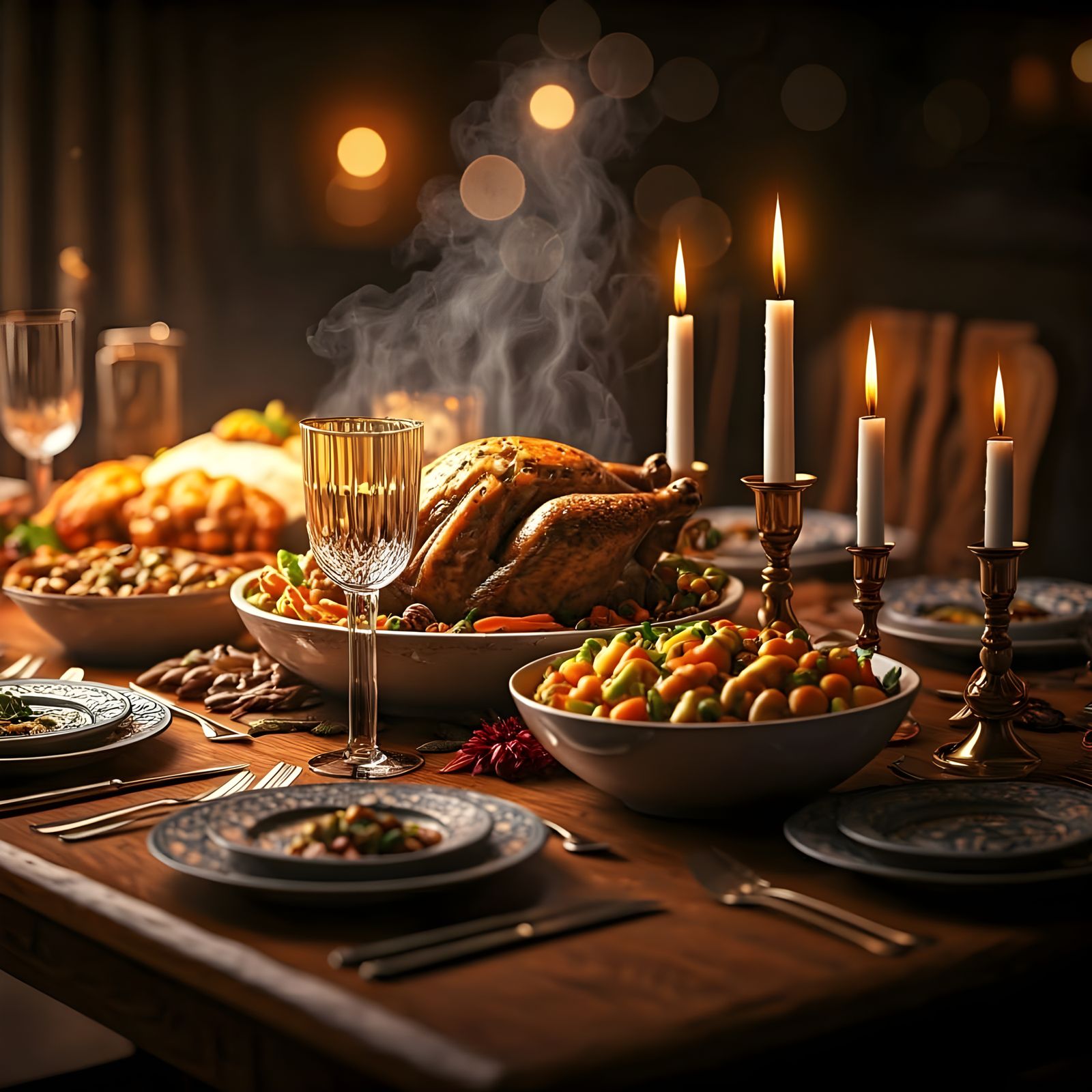 Hyperrealistic Thanksgiving Dinner with Dramatic Lighting